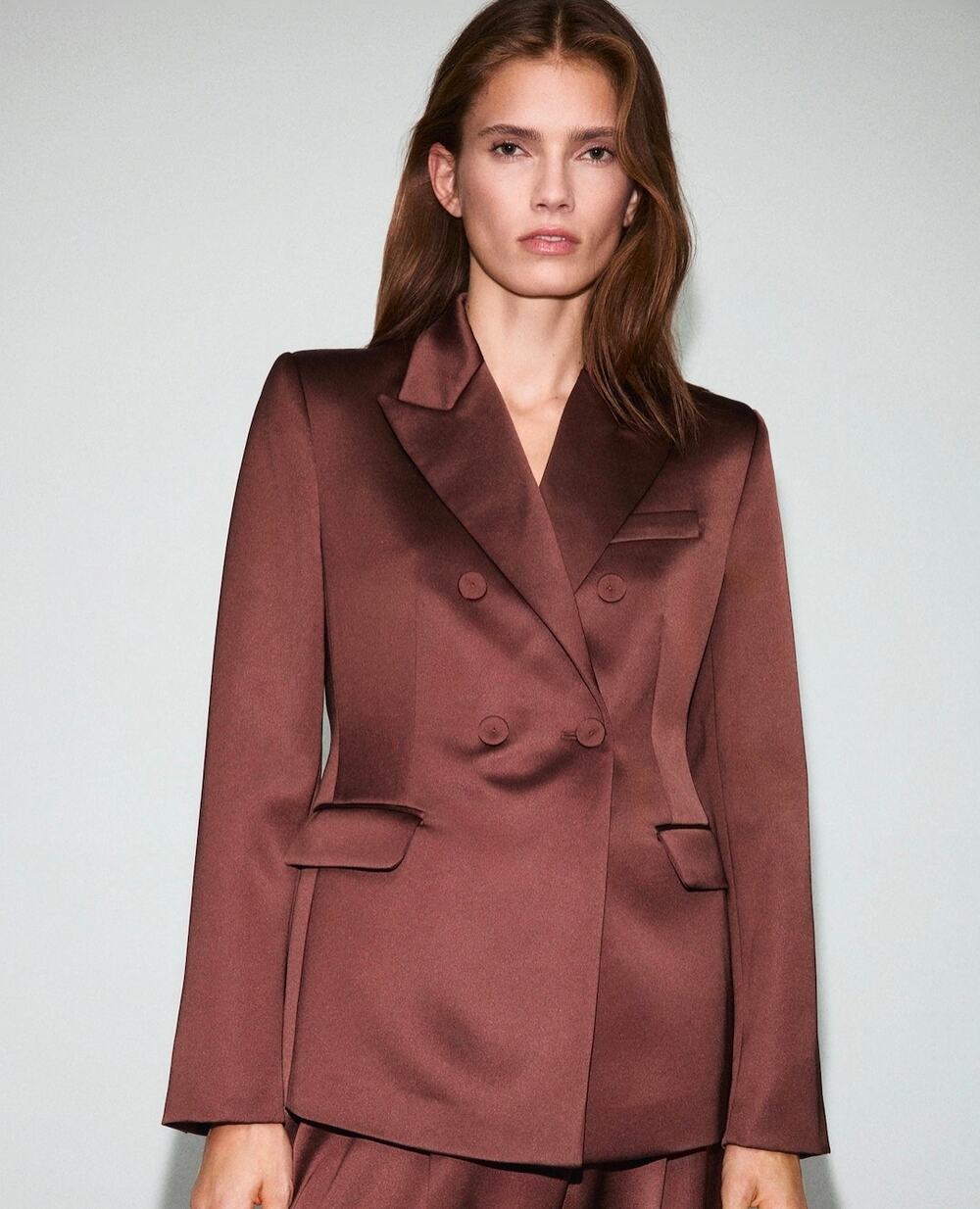 Mango double-breasted brown satin blazer size XL